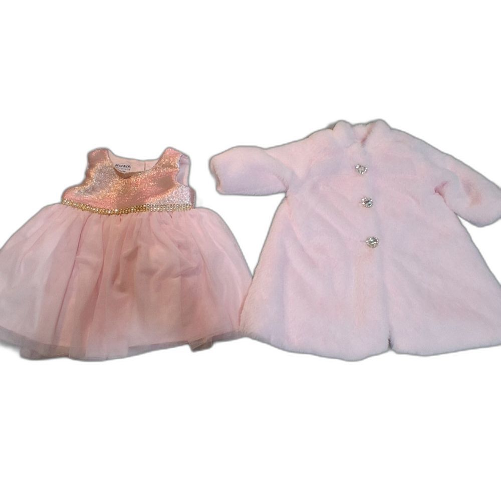 BlueBeri Boulevard Baby Girl 2 piece Dress and Faux Fur Coat Set Size 9 Months
